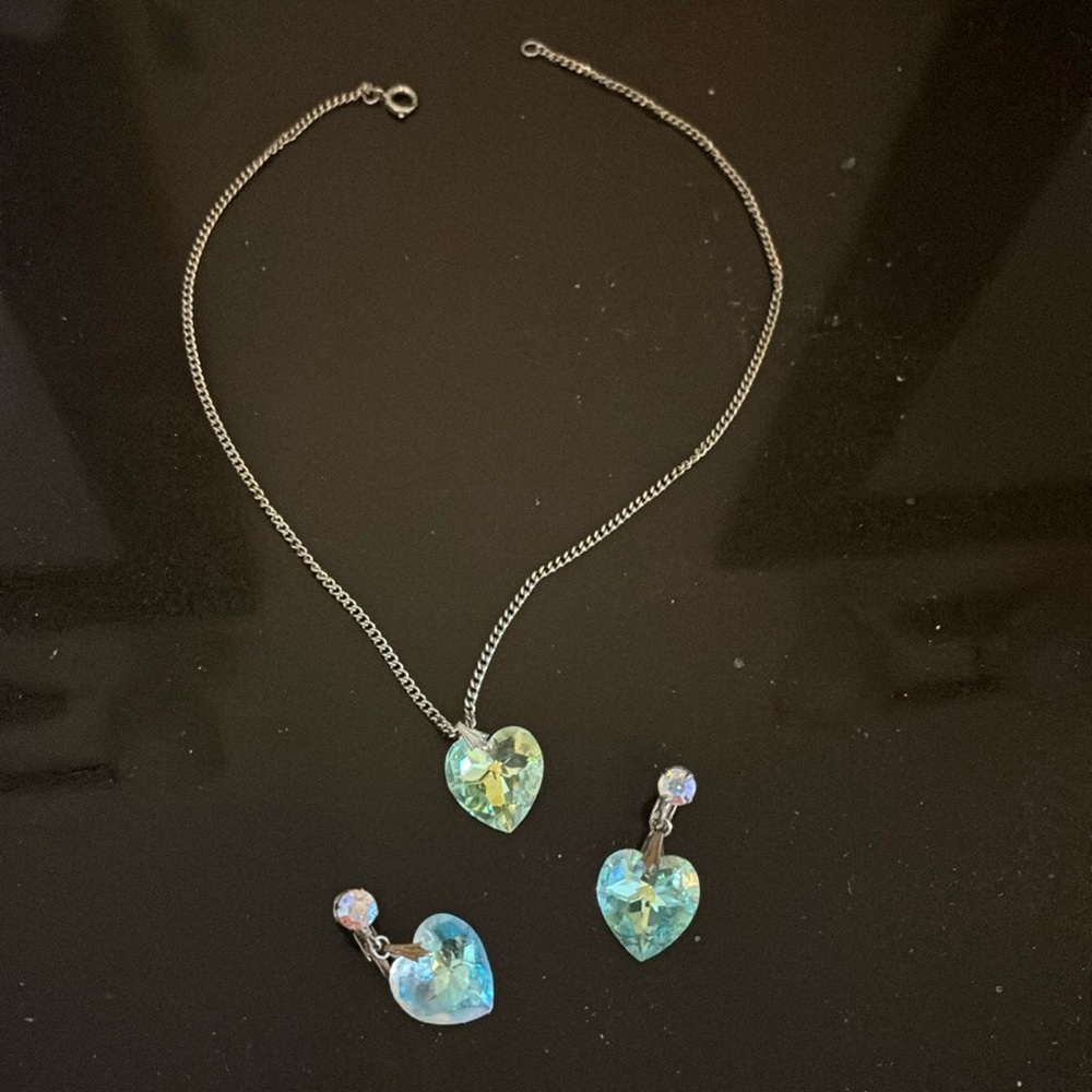 Vintage Heart Crystal necklace and clip earrings